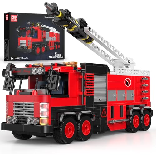 Mould King Klemmbausteine Technik LKW Modellbausatz Mit klappbarer Dachleiter Feuerwehrauto Bausteine Rot Truck Modell 24094 MOC Sammlerstücke Geschenke für 8+ Kinder & Erwachsene (752Teile)