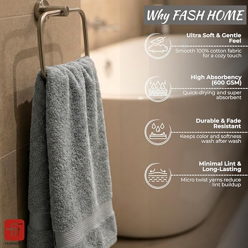 Image of Fash Home 600 GSM Combed Cotton Bath Towel 75x150 cm - Ultra Soft, Quick Dry, Highly Absorbent, Luxury Bathroom Towel, 1 Piece (Grey)