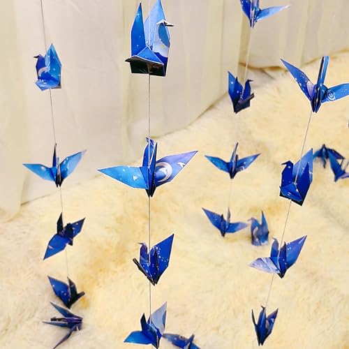 Image of Space Crane Paper Hanging Garlands (3stringsX 5.2ft), Romantic Starry Sky Origami Birds Streamers, Blue Planet Garland for Baby Shower Birthday Party Supplies Boy Bedroom Garden Decor