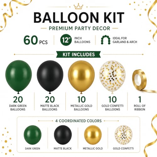 Image of Black Gold Green Balloons for Graduation Party Decorations 60PCS 12INCH Dark Green Metallic Chrome Gold Confetti Balloon Green Gold Black Helium Latex Balloons Jungle Tropical Wild Theme Birthday