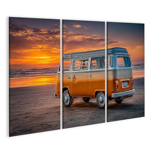 Tableau bus vintage plage coucher du soleil pour une ambiance rétro et évasion