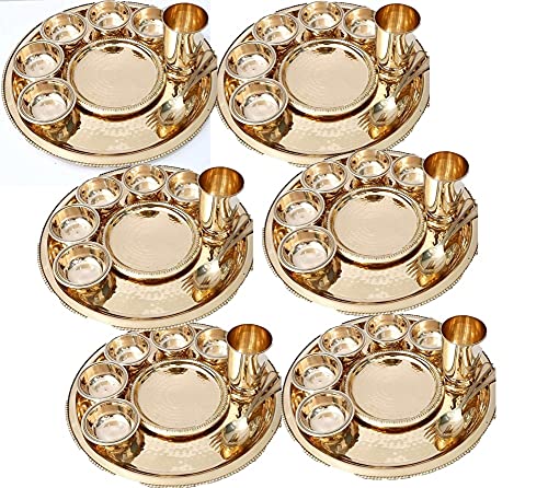 Generic Ethinic Indian Premium Dinner Brass Thali Set with Luxury Spoon Glass Bowls dinner set ,Golden (Dinner Thali Set of 6)