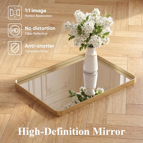Image of Sweetcrispy Bathroom Wall Mirror, 32x24 Inch Wall Mount Mirror for Over Sink, Modern Rounded Rectangle Vanity Mirrors with Matte Metal Framed, for Home Decor, Living Room, Bedroom, Gold