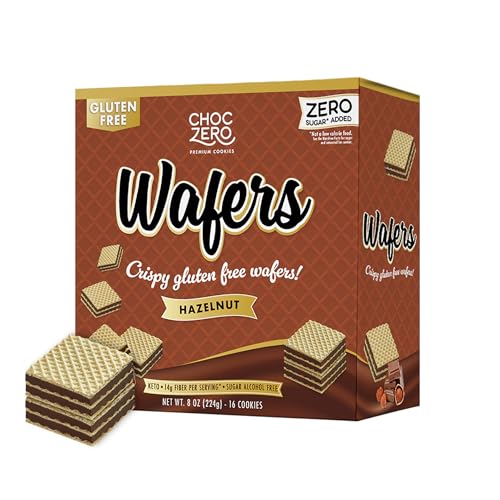Image of ChocZero Sugar Free Hazelnut Wafer Cookies, No Sugar Alcohols, Keto, Gluten Free, High Fiber, 16 Count, 8 oz Box