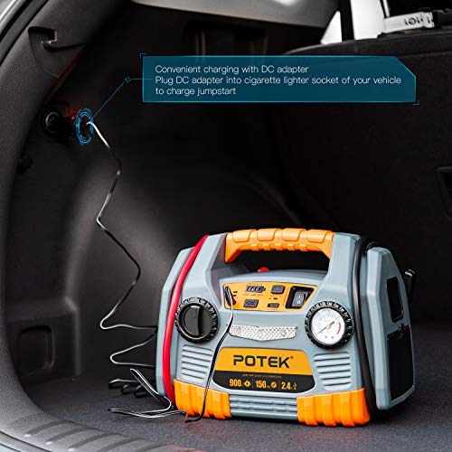 POTEK Jump Starter Source with 150 PSI Tire Inflator/Air Compressor,900 Peak Amps Power Station with 2.4A USB Port