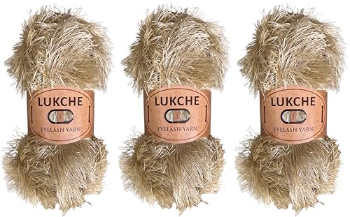 Image of Eyelash Fun Fur Yarn Premium 100% Polyester 164 Yds (150 Mt), 3.53 Oz (100 Gr) Colorful Crochet Yarn Dıy Hand Knitting. (Latte, 3 Skein)