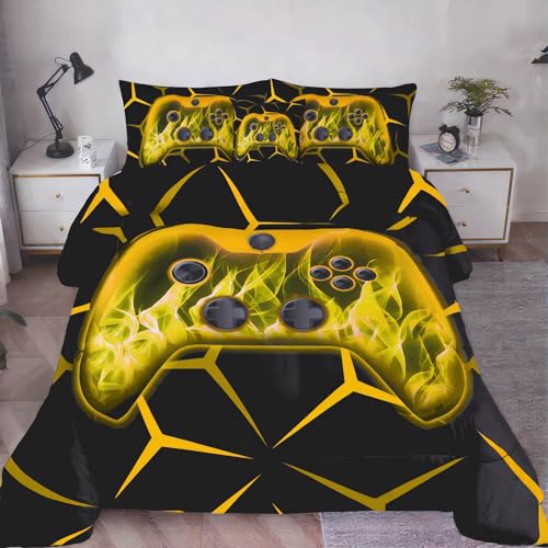 Image of ZRNBAST Boys Gamer Comforter Set, Twin Bed in a Bag Gold Gaming Bedding
