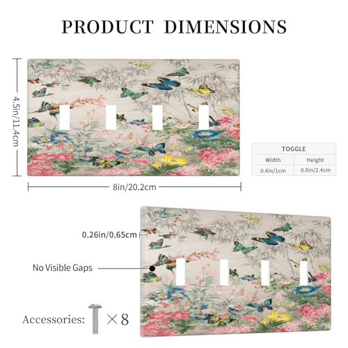 Decorative Switch Covers Plate Boho Wildflowers Butterfly Rustic Blue Pink Flowers 4 Gang Wall Plate Oversized Quad Toggle Light Switch Plate Jumbo Faceplate for Country Bedroom Decor