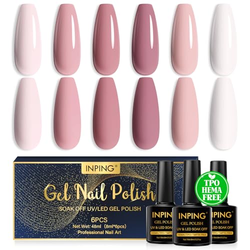 INPING Pintauñas Semipermanentes HEMA-FREE TPO-FREE, 6 Colore Nude Rosa Blanco Esmaltes Semipermanentes Para Uñas Soak Off UV LED Gel Nail Polish Uñas Diy Manicura Nail Art Set, 8 ML