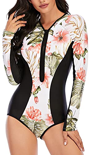 Swimall Women Long Sleeve Bathing Suit One Piece Rash Guard Swimsuit Zipper Front Swimwear Upf 50+(Pink Flower1, Large(8-10)) #TOP7