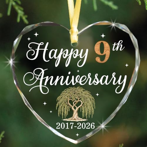 Bozspacer 9th Anniversary Heart Glass Ornament 2026 – Happy 9th for Husband Wife, Willow Pottery Anniversary Keepsake, 9 Year Wedding Gift for Couple, Terracotta Copper Heart Ornament