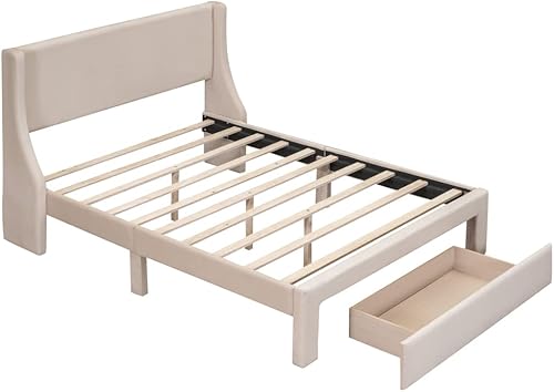 Miniatura 4 de DNChuan Cama de plataforma de tamaño matrimonial con almacenamiento, cabecera tapizada de terciopelo, cajones grandes con ruedas, sin somier, color