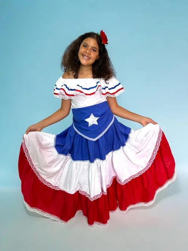 Puerto Rican Traditional Dress for Girls with Flag & Star Belt2