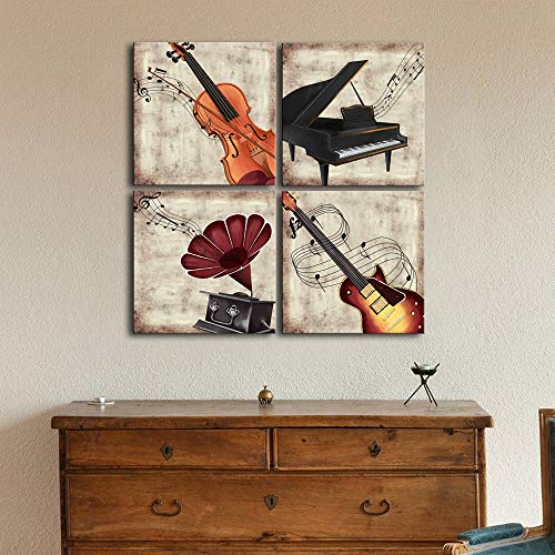 Lovehouse 4 Panel Music Wall Art Violin Canvas Art Piano Guitar Photograph Canvas Painting Vintage Artwork Home Decoration For Living Room Bedroom Ready To Hang 12X12Inchx4Pcs (Musical Instrument) #TOP3