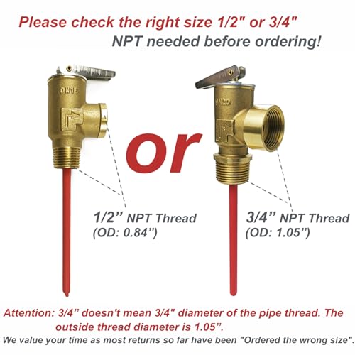 Image of 210F 150 psi Temperature and Pressure Relief Valve for Water Heaters, Boilers and Hot Water Tanks, Thickened Brass Body with Epoxy-Coated Probe Automatic Plumbing Fitting, 3 /4 inch NPT Connection