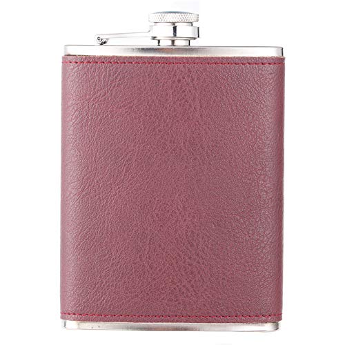 Heesung Stainless Steel Hip Flask Wrapped Purplish Red Leather , Whiskey Hip Flask And Liquor Flask 8 oz ,Metal Vintage Flask Attached Screw on Cap