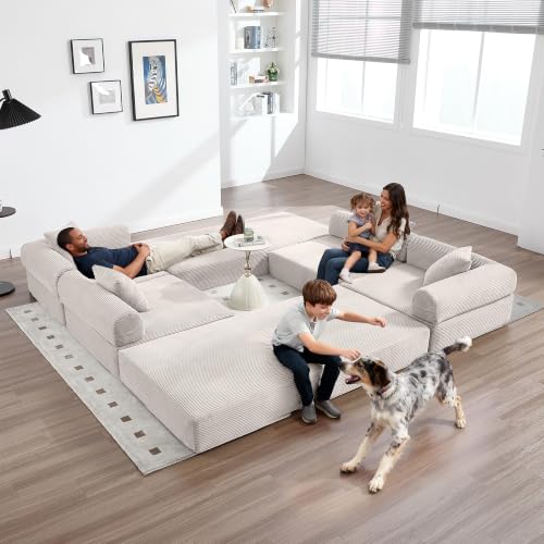 Image of L-Shape Modular Sectional Sofa Bed, Corduroy Boneless Couch, Beige White