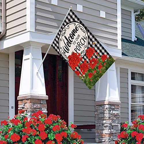 Covido Home Decorative Welcome To Our Porch Geranium Spring Summer House Flag, Flower Black White Buffalo Plaid Check Garden Yard Outside Decoration, Fall Autumn Farmhouse Outdoor Large Decor 28X40 #TOP3