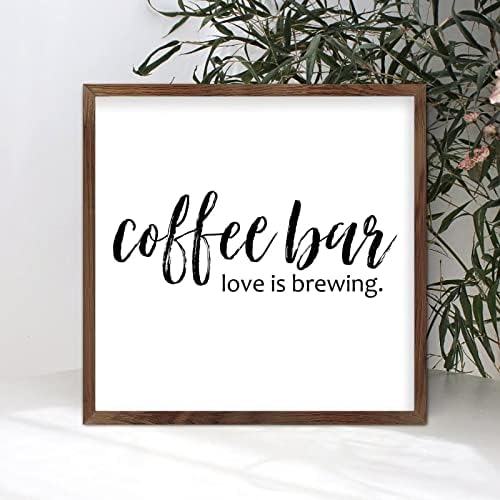 Wooden Signs with Inspirational Quotes Coffee Bar Love is Brewing Retro Style 7x7in Wall Mounted Apricot Frame Wooden Plaque for Cottage Shelf Cafe Bar Garden Yard Farmhouse Porch Wall Decor