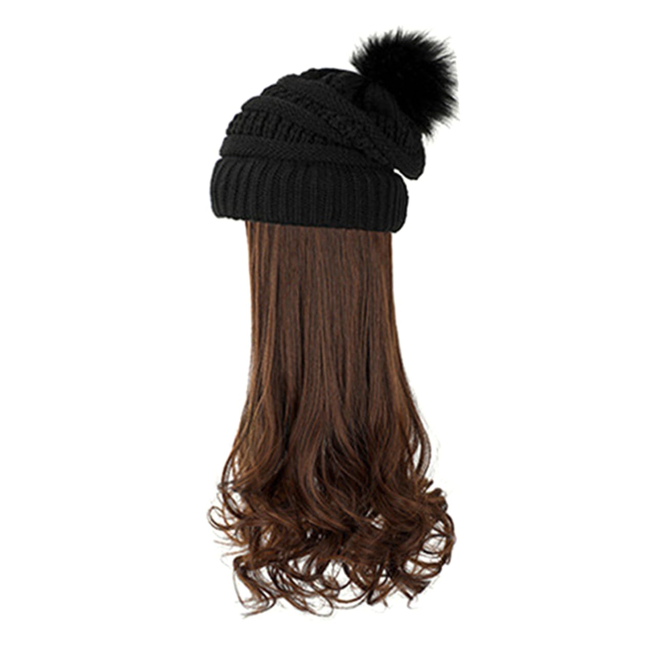 Gorro Cálido de Punto Peluca de Pelo Ondulado y Largo Talla Única Ajustable para Mujer Peluca de Cosplay para Invierno Gorro Desmontable Negro