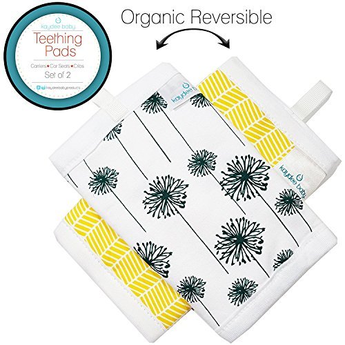 Kaydee Baby Organic Cotton Reversible Teething Chew Pads w/Organic Fleece Inner Lining for Baby Carriers for Girls and Boys - 2 Pack - Variety of Options Available (Flowers & Chevron)