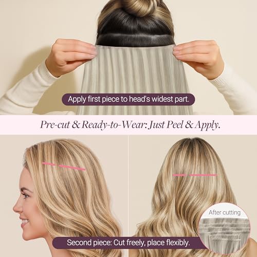 Image of GOO GOO Tape In Weft Hair Extensions Human Hair, Genius PU Long Weft Tape In Hair Extensions Real Human Hair, Silky Easy to Use, P17A /60A Ash Blonde Highlighted Platinum Blonde 18 inch 60g 2pcs