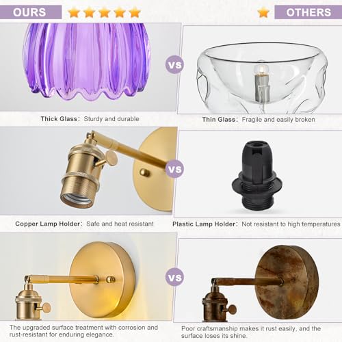 Image of Wall Sconces Set of Two Hardwired, Vintage Sconce Light with Tulip Purple Glass Lampshade, Bathroom Wall Lights with Switch, Gold Wall Light Sconces Wall Decor Set of 2