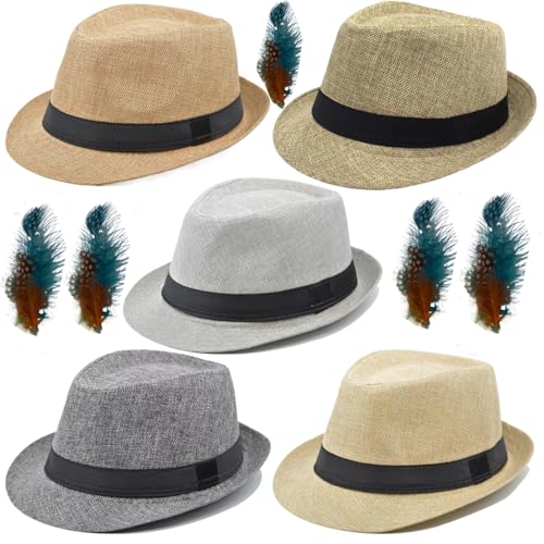 5 Pack Bulk Cuban Fedora Sun Hats Men with Adjustable Strap, Shor...