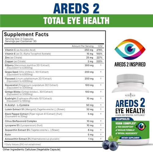 NEW AGE AREDS 2 Eye Vitamin Contains Bilberry 6000mg Lutein (32mg), Grape seed (6000 mg), Eyebright (1000 mg), and Zeaxanthin (8 mg) - 120 Count