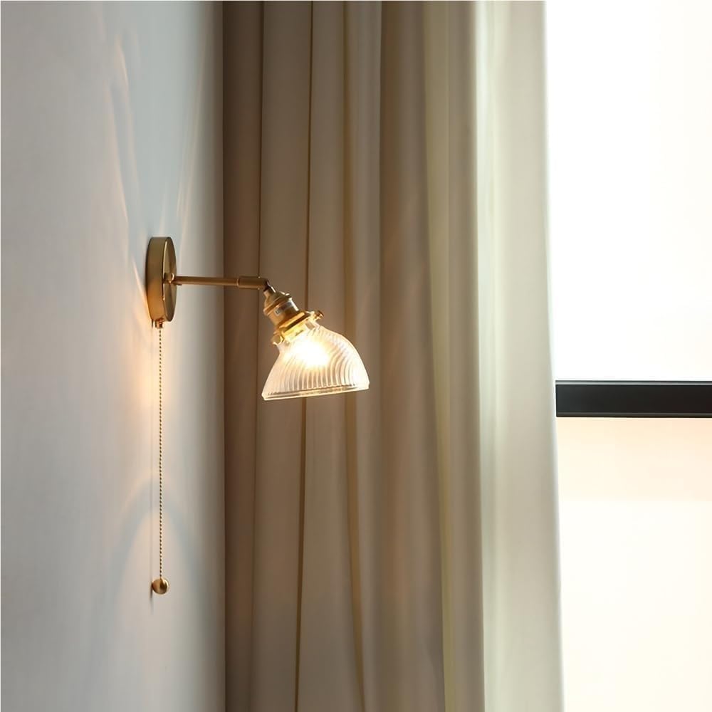 Applique da Parete in Ottone Anticato Vintage con Vetro Rigato, Interruttore a Catena cablato, Braccio Regolabile, Lampada da Parete per Isola Cucina, Camera da Letto, Soggiorno, Sala da Pranzo,