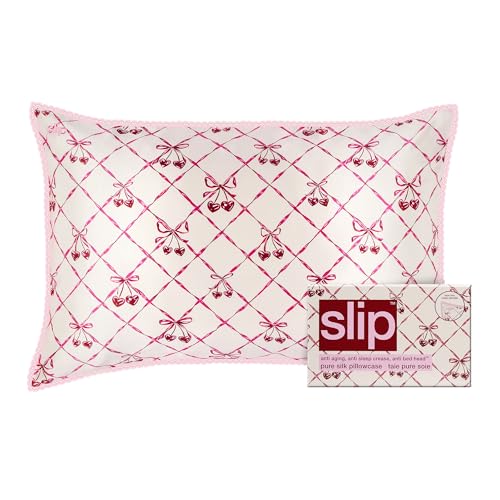 slip Queen Silk Pillowcase – Sweet Cherry Limited Edition with Lace Trim – 100% Pure Mulberry Slipsilk™ – Anti-Frizz, Anti-Crease, Anti-BedHead
