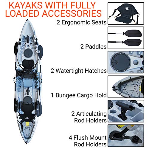 Bkc Tk219 12.5-Foot Tandem 2 Or 3 Person Sit On Top Fishing Kayak W/Padded Seats And Paddles (Grey Camo) #TOP2