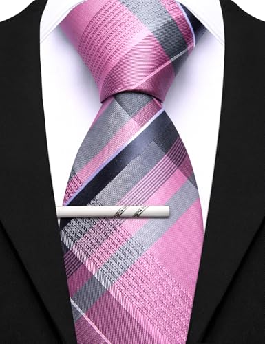 Image of Barry.Wang Plaid Ties Mens Silk Necktie and Tie Clip Checkered Tie for Wedding Party Business Formal