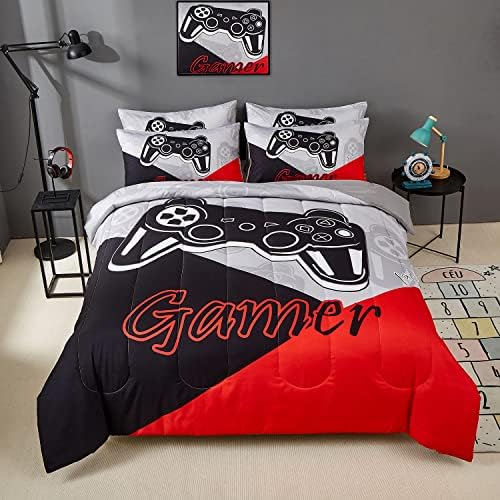 akkialla Gaming Comforter Sets for Kids Teen Boys,Video Games Controller Pattern Bedding Set for Room Decor, Full Size 3-Piece Reddish Black Gamer Comforter with 2 Pillowcases,All Season(Red,Full)
