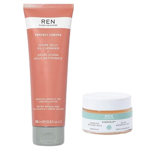 REN Clean Skincare Rutina de limpieza nocturna - Limpiador de aceite de gelatina y bálsamo de recuperación Evercalm durante la noche - Antioxidantes