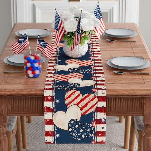 ZAEW 4th of July Table Runner Stripe Stars Heart Memorial Day Independence Day Patriotic America Table Decoration Home Kitchen Dining Indoor Holiday Farmhouse Decor 13x72 Inch by ZAEW - Image 2