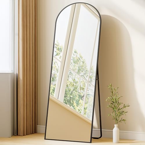 Hzuaneri Espejo de Cuerpo Entero, 160 x 50 cm, Espejo Arqueado con Soporte, con Marco de Aleación de Aluminio, Cristal Templado, Se Puede Montar en la Pared, para Dormitorio, Salón, Negro DM41999B