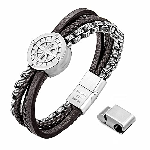 Image of Men's Bracelet Leather with Compass, Braided Leather Bracelets for Men Magnetic Clasp 7.5 /8.5 /9.5 inch Gift for Husband Boyfriend Father