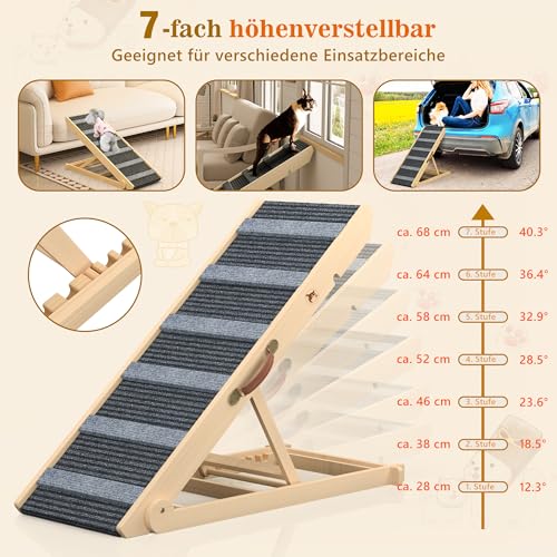 Hunderampe aus Holz, verstellbare Rampe Hund für Sofa, Bett oder Auto, 7-stufig höhenverstellbar 28–68 cm, tragbar, rutschfeste Hundetreppe mit Teppich, ideal für kleine und ältere Hunde, bis 90 kg