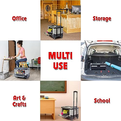 Image of dbest Products Quik Cart Extended Four Wheeled Rolling Crate Teacher Utility with seat Dual Accessible Doors Heavy Duty Collapsible Basket with Two Position Handle