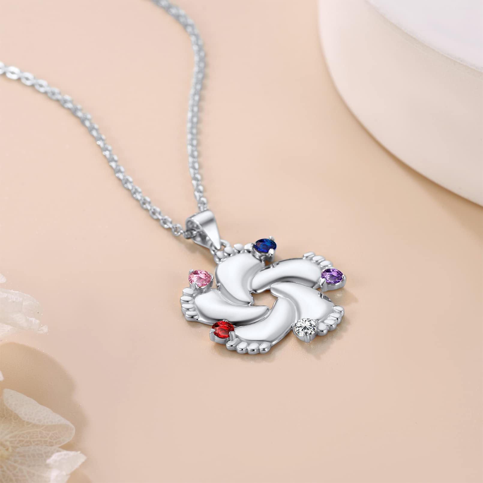 Custom4U Collana con Piedi Bambino Tridimensionale Pietra Portafortuna in Argento S925 1-5 Nomi Inciso Catena Regolabile 45+5 cm AAA Cubic Zirconia Birthstone 12 Mesi Collana da Donna