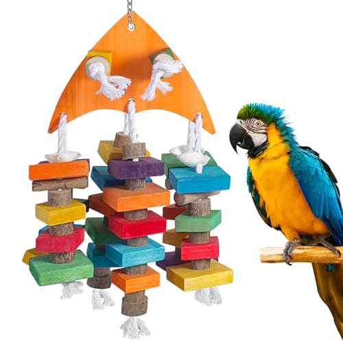 unimaxlink 22.8\" Natural Shell Parrot Toy for Medium & Large Birds (Sichuan Pepper Wood/Pine Wood/Poplar) with Stainless Steel Hook | Macaw Toys, African Grey Chew Toys