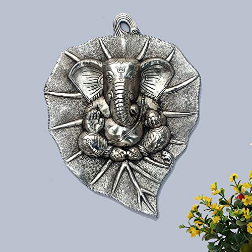 Image of Collectible India Ganesha Wall Hanging Plate Ganesh on Leaf Metal - Silver Plated Ganesh Wall Art Sculpture - Ganesh Idol Ganpati Lucky Feng Shui Wall Decor Arts (Size 12 x 8.5 Inches)