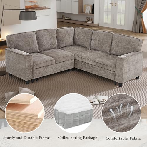 Image of KEIKI 81 inch L-Shaped Oversized Chenille Modular Sectional Sleeper Sofa with Pull-Out Bed, Storage Seat, Modern 5-Seater Upholstered Couch Bed with Charging Station, Easy Assembly, for Living Room, Brown