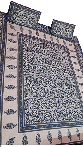 Lucky100% Cotton Double Bedsheet with 2 Pillow Covers - Beige & Blue