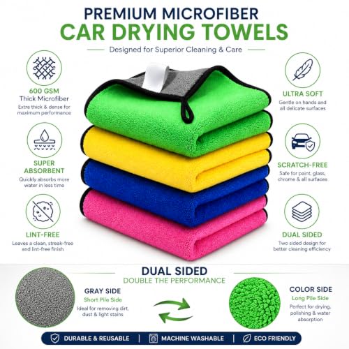 Image of Premium Microfiber Car Drying Towel 600 GSM | Ultra Soft Dual Sided Car Cleaning Cloth | Scratch-Free Super Absorbent Drying Towel for Car Bike SUV Glass Home Cleaning | 40 x 60 cm (Pack of 4)