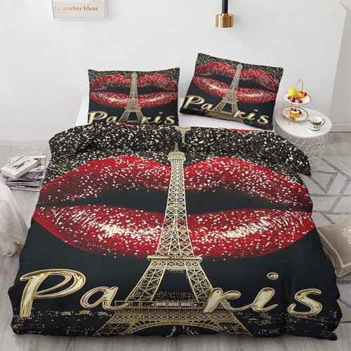 Housse de Couette 140x200 Paris avec 1 Taie d'oreiller 65x65 cm - Decoration Paris, Parure de Lit 1 Personne Tour Eiffel Lèvres Rouges, Linge de Lit en...