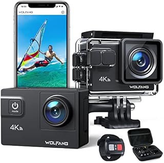 WOLFANG Action Camera 4K 60FPS, GA320 24MP Touchscreen WiFi Underwater Camera, 40M Waterproof Helmet Bike Camera with 8X Zoom 6 AXIS EIS, Suitcase, Remote Control, 2x1350mAh Batteries, Accessory Kit