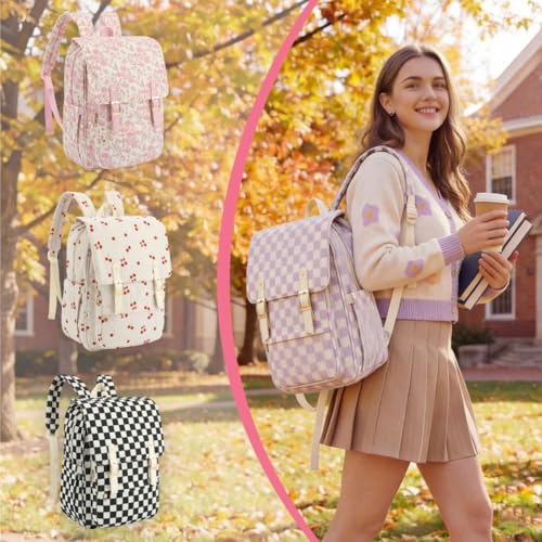 Image of Women Laptop Backpack, Corduroy 15.6 inch Travel Backpack for Work College Business, Teacher Nurse Bag with Large Capacity School Bookbag Bags for Girls - Checkered Purple