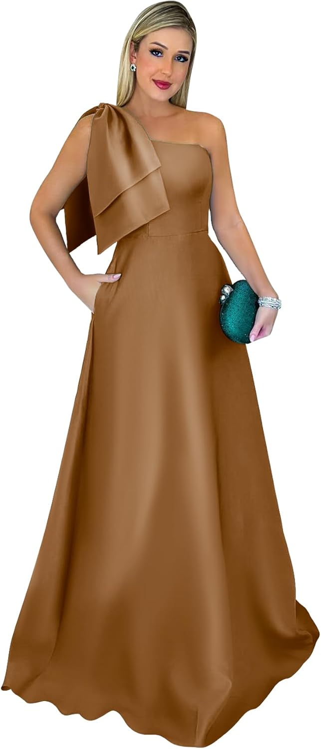 One Shoulder Prom Dresses for Women with Big Bow A Line Satin Formal Dress Long Evening Party Gowns with Pockets